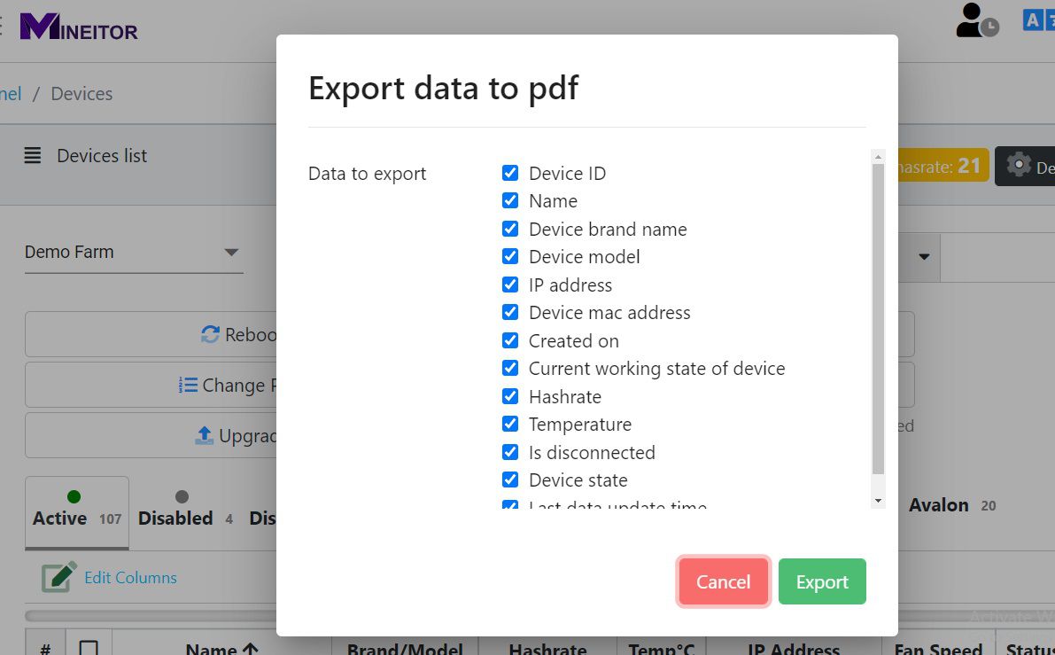 Export mining data to pdf